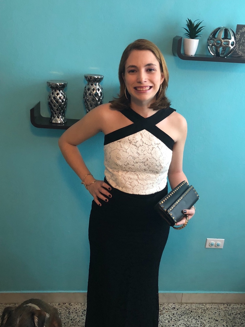 Carolina Herrera Black and White Lace Halter Prom Gown